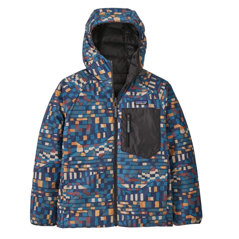 Patagonia Hooded Puffer Jacket - Blue Multi with Black Chest Pocket 7-8
